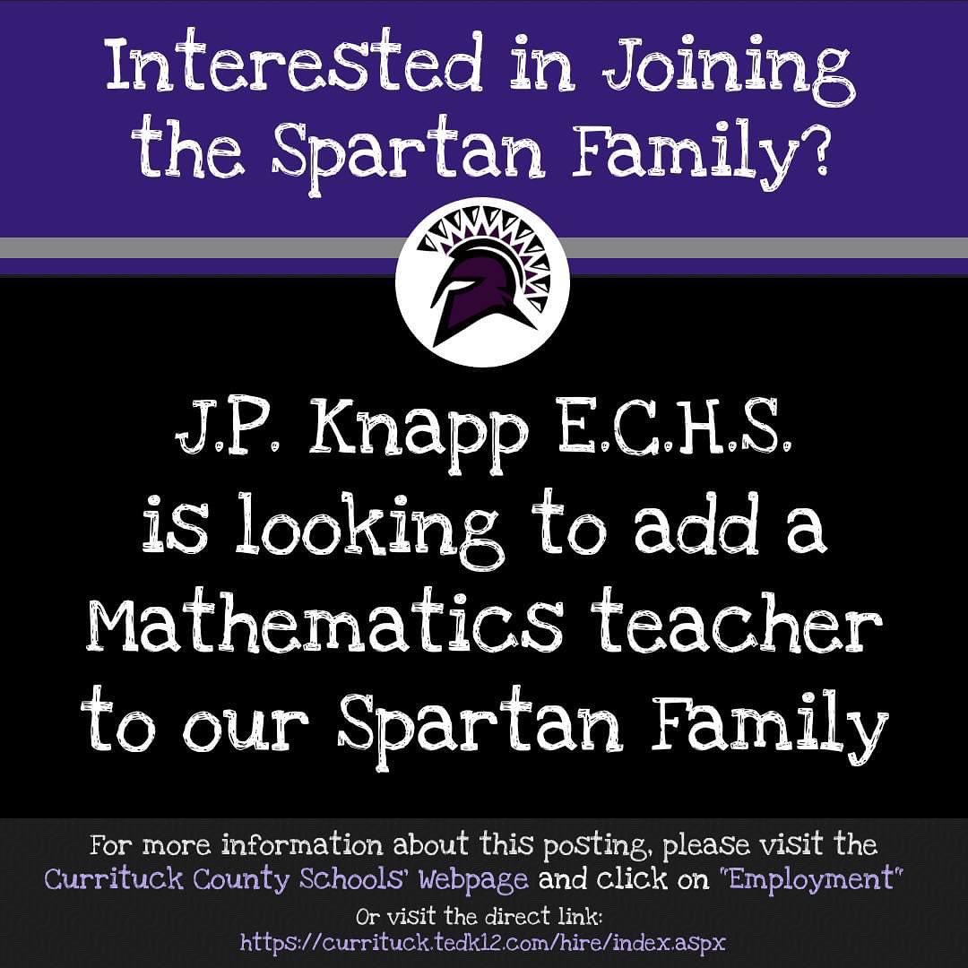 Report Card Pick Up tomorrow from 5-7pm. Conferences are pre-scheduled, but parents/guardians are invited to reach out to teachers for additional meeting dates &amp; times. We are also looking for a math teacher to join the family.
#jpkspartans #currituckk12