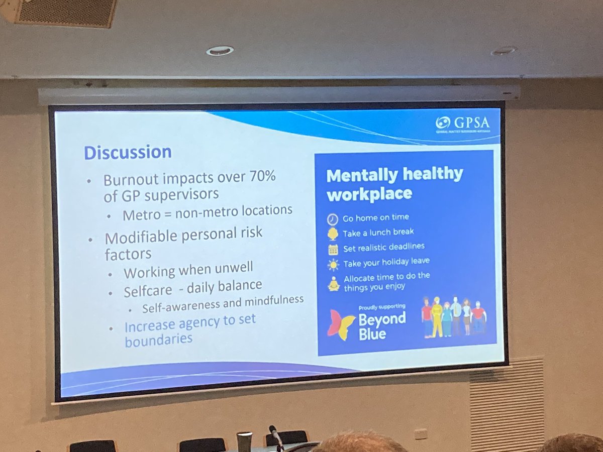 Session at #RMA22 on burnout, re elephant in the room. Hard to meet the suggestions in the blue box when reception praise the docs who see 70+ pts/day, and complain about docs who say no after 50 pts or want to go to Pilates after work or have lunch break as not ‘helping’