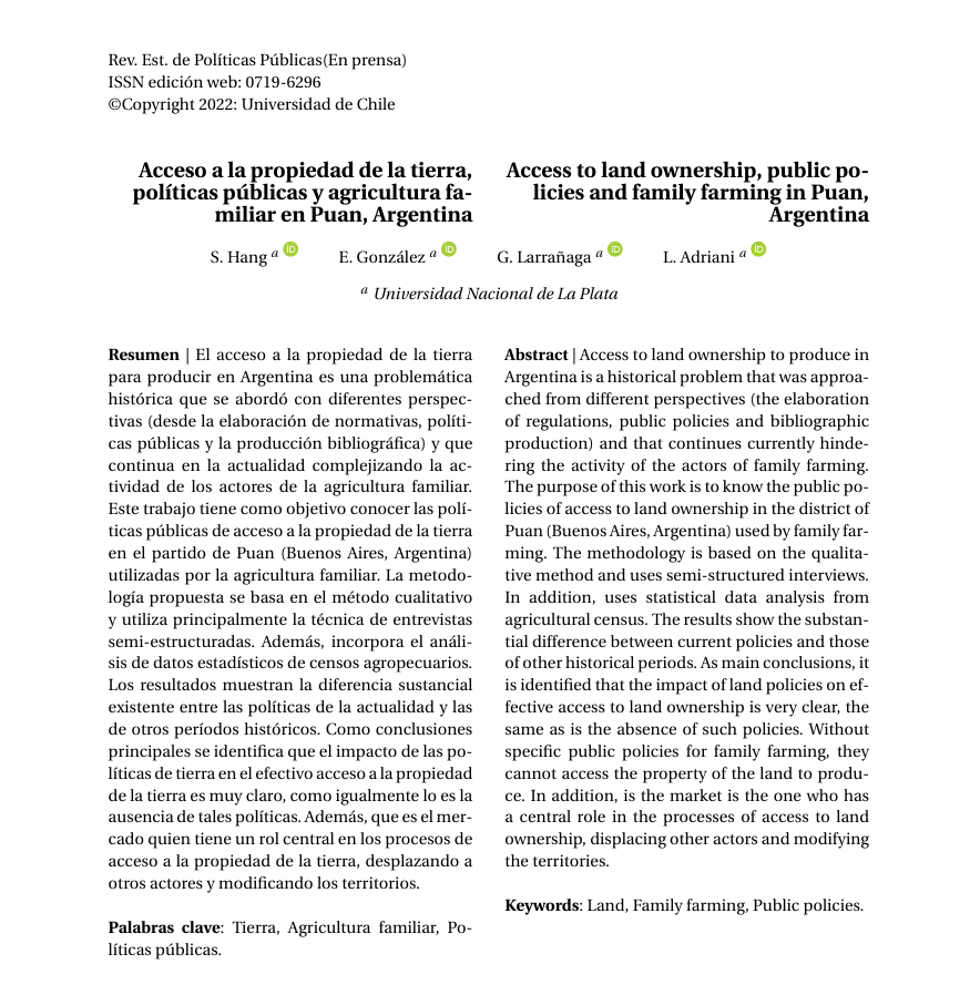 REPP_UChile's tweet photo. [NUEVO ARTÍCULO] #postprint
Hang, S., Gonzalez, E. G., Larrañaga, G. F., &amp; Adriani, H. L. (2022). Acceso a la propiedad de la tierra, políticas públicas y agricultura familiar en Puan, Argentina. 
https://t.co/jvSa5WLkGN https://t.co/ew3L0paaws
