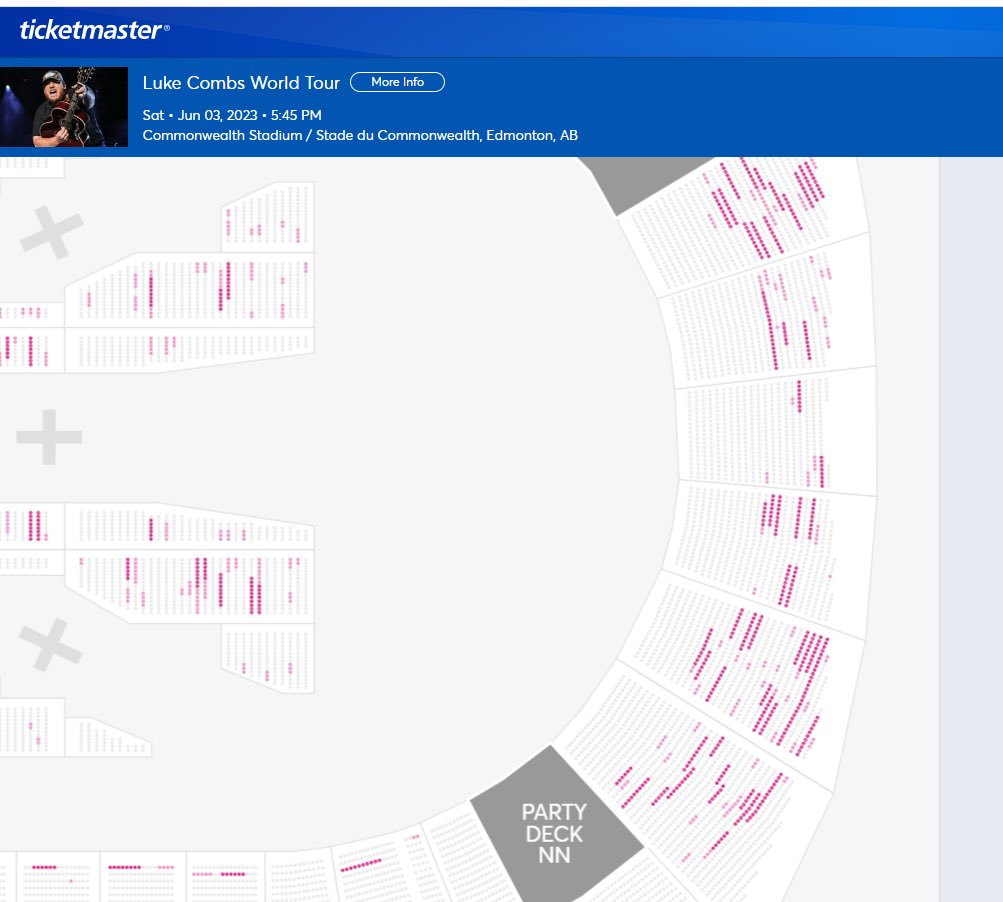 jennyi44's tweet photo. 🧵So bummed out!  I really wanted @lukecombs tickets - but #yeg sold out in record time.  I thought I’d take a chance to see if I could buy tickets today and this is what I see.  All the pink dots are @Ticketmaster resellers.  No tickets <$300 per seat. https://t.co/tovl0p1Cu7