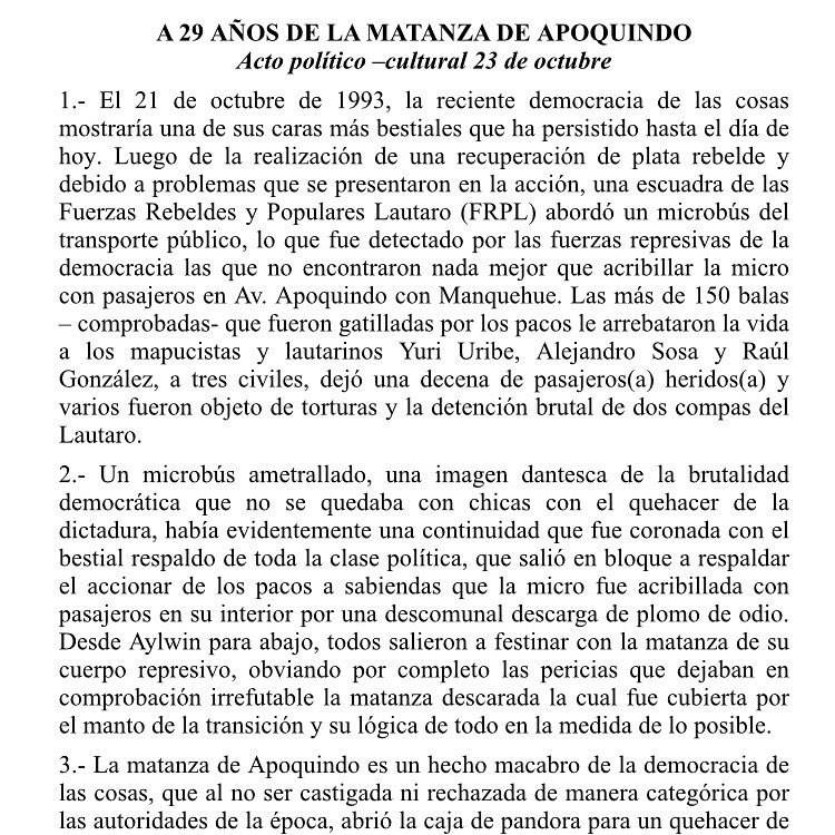 AGuacoldas's tweet photo. ¡¡¡ CON LA MATANZA DE APOQUINDO EN LA MEMORIA VIVA DEL PUEBLO: A LUCHAR POR LOS DERECHOS HUMANOS PARA LA VIDA PLENA DE MILLONES!!! https://t.co/WbcA5EFTpS