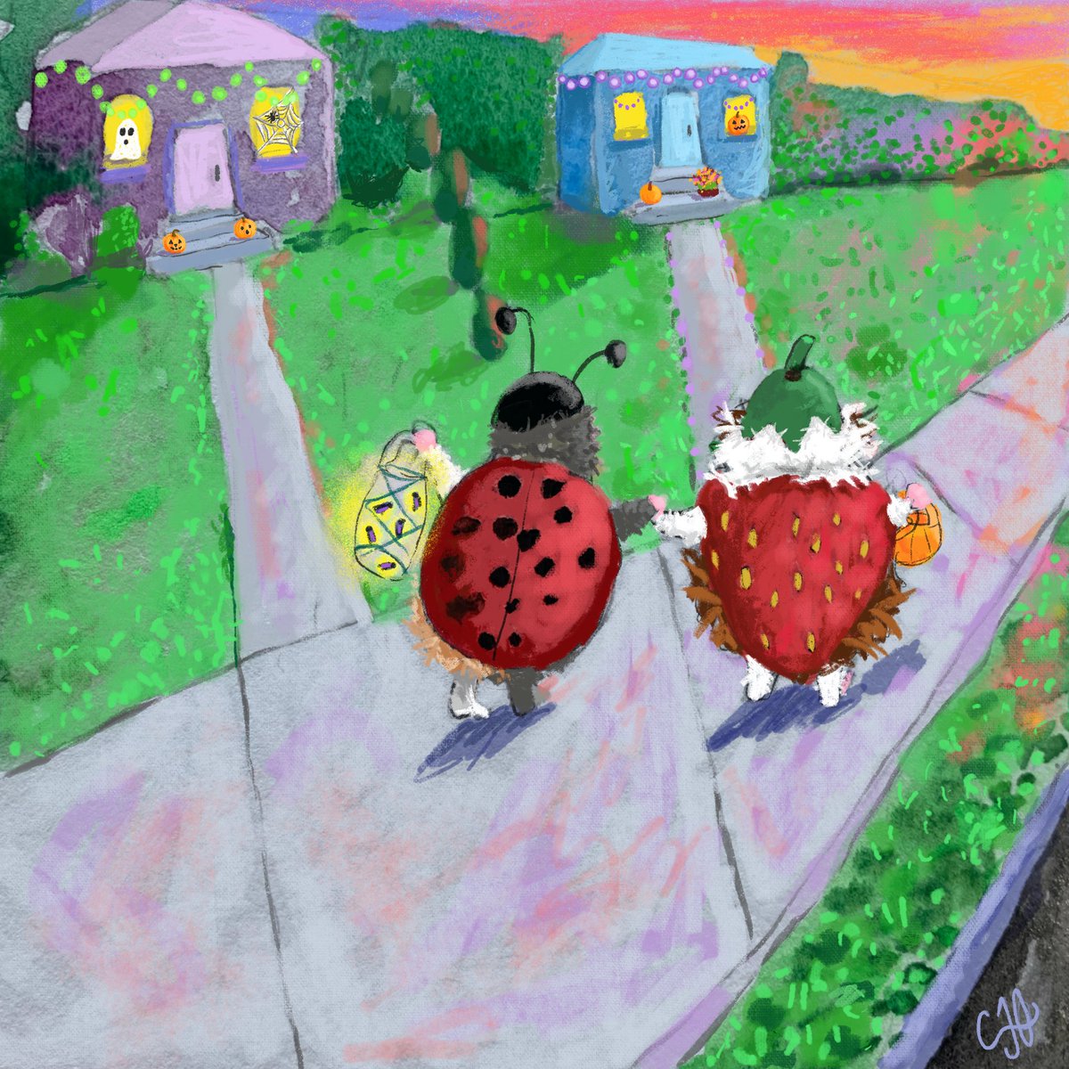 “Elbie, What do you think pumpkin tastes like?”, asked Gidget.” Day 10… #costume #scbwiartober #scbwi  <a href="/scbwi/">scbwi</a> #illustrators #kidlitart #lantern #peachtober #peachtober22 @furrylittlepeach @peachtober #red #colortober #elbie #gidget #procreate