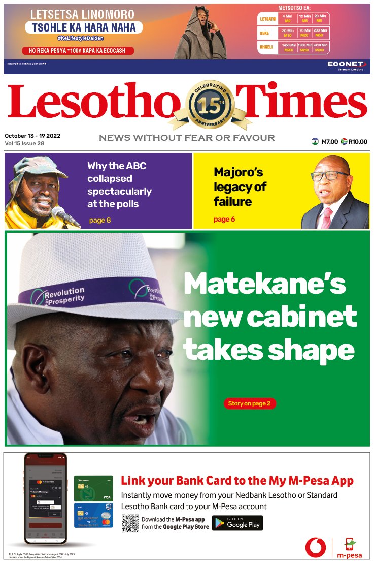 Your #LesothoTimes frontpage. Grab your copy. Available in the streets, leading shops and service stations nationwide. #Lesotho #LesothoNews