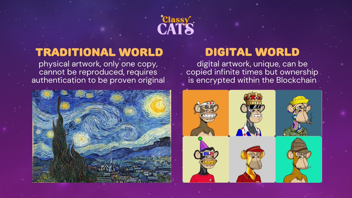 ClassyCats_io's tweet photo. The Non-Fungible aspect of NFTs creates uniqueness in which the creator's original work can be validated. For example in the real world, an artist completes a physical artwork and only one copy of it exists https://t.co/am33WkRjgO
