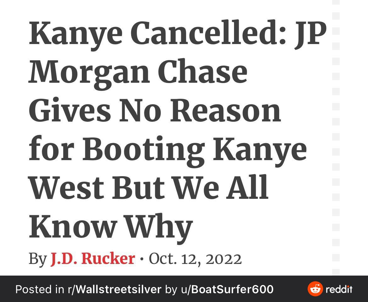 JP Morgan Chase cancelled Kanye and told him to take his money elsewhere ... Is anyones money safe? 🚨

I luckily don’t do banking with JP Morgan Chase. But if I did, I would leave and find another bank.