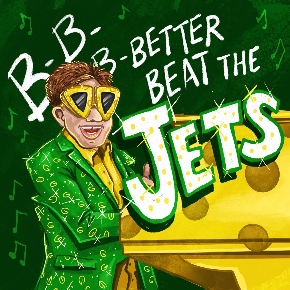 LeapsOfLogic's tweet photo. Saturday night's alright for fighting as long as we win on Sunday. And if we don't, Joe Barry is going to be a rocket man on a one-way trip out of titletown. 

#DontLetTheSunGoDownOnGreenBay #BeatTheJets #GoPackGo #Packers #packersfootball #nfl #nflfootball #illustration #jets https://t.co/VOW0TpB3kY