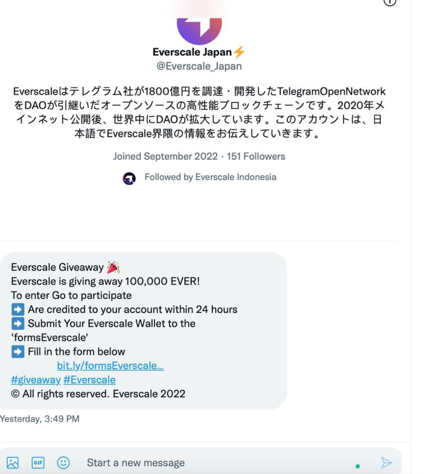 📌Scam Alert

A fake account of Everscale Japan has appeared!

The ID of this account is <a href="/EverscaleJapan/">Everscale Japan (formely Free TON Japan)</a>.