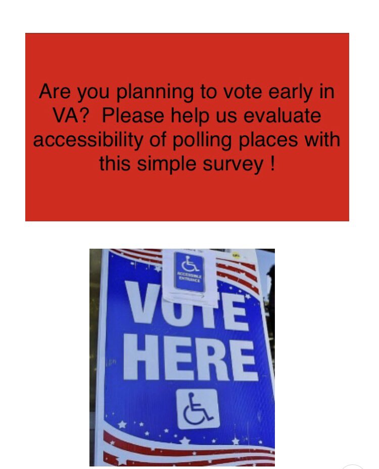 RevUpVA's tweet photo. Are you planning to vote early in Virginia ? The @disAbilityLawVA and @revupva need your help in evaluating whether a polling place is accessible. Thank you in advance for your help! 

https://t.co/8x3E5BdC3d

#disabilityvoting #disabilityawareness #disabilityrights #votingrights https://t.co/MmIMbFOcAZ