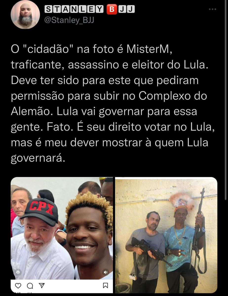 Deusa29287524's tweet photo. Lamentável. Loola não poderia ser candidato a Presidente sendo aliado de Bandidos do Comando Vermelho no morro do Alemão https://t.co/gv44enc2NU