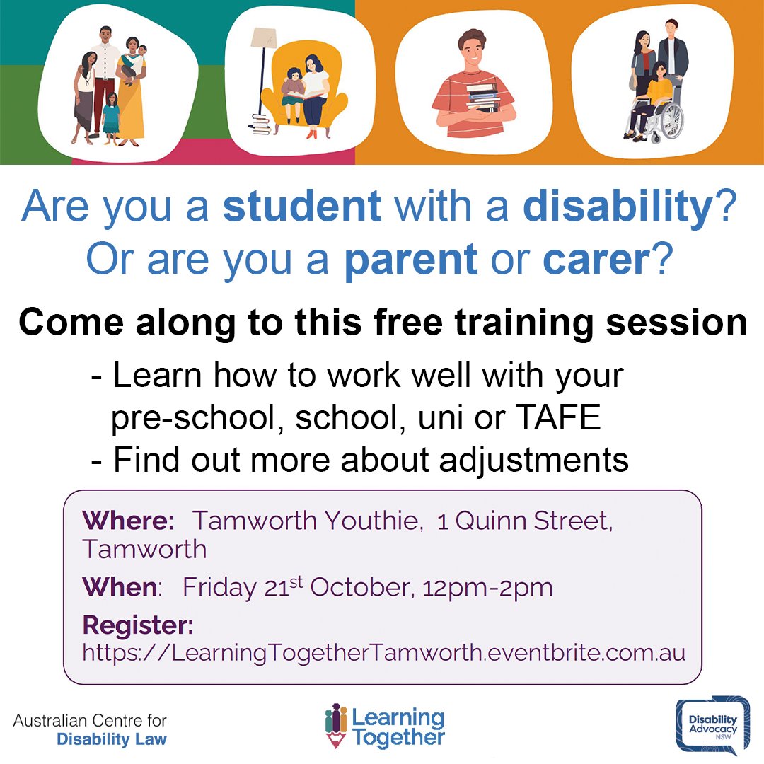 Are you a student with a disability?
 Or are you a parent or carer? Come along to these free training sessions in Inverell, Armidale &amp; Tamworth! Learn how to work well with your pre-school, school, uni or TAFE
, &amp; find out more about adjustments.