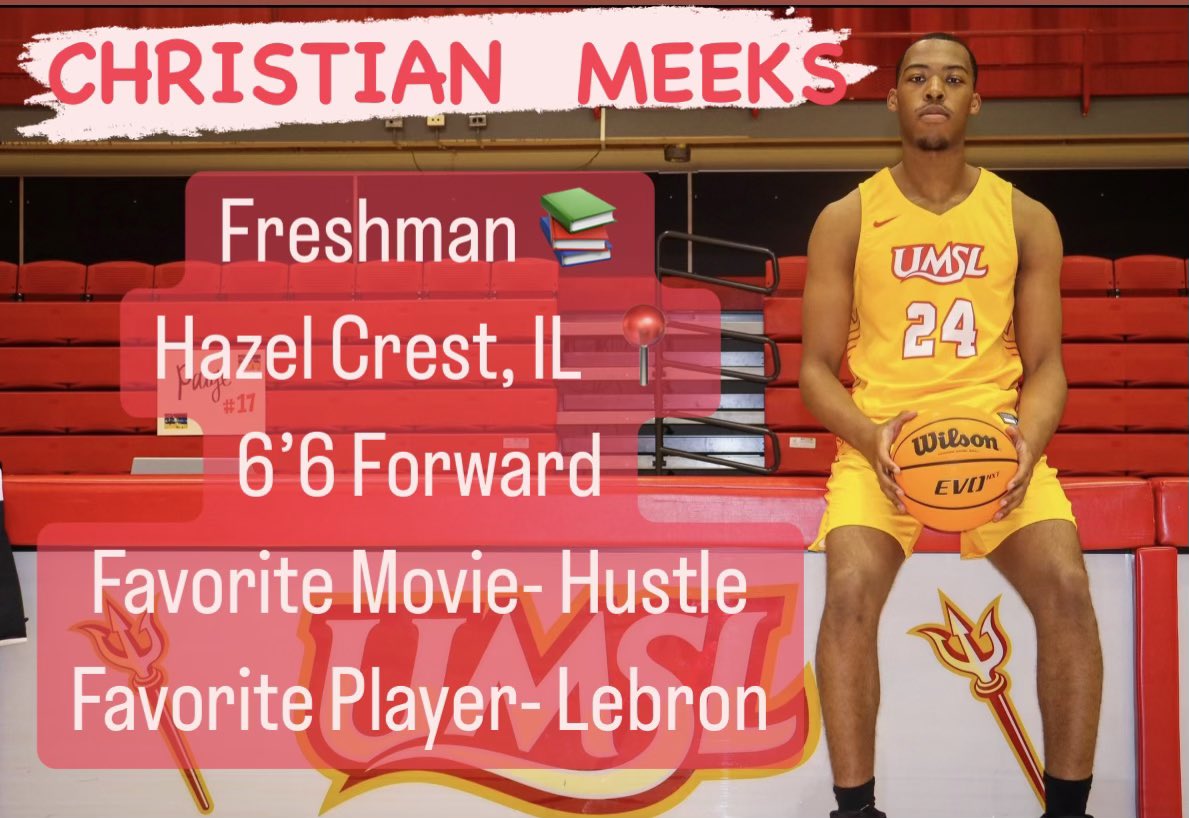 UMSLMBB's tweet photo. Time to meet one of our freshmen from the Chicago metro area and proud alum of @HFVikingHoops                     #24 Christian Meeks:
Twitter: @ChristianMeeks_         Instagram: chrismeeks_ https://t.co/xu9XkdqZgB