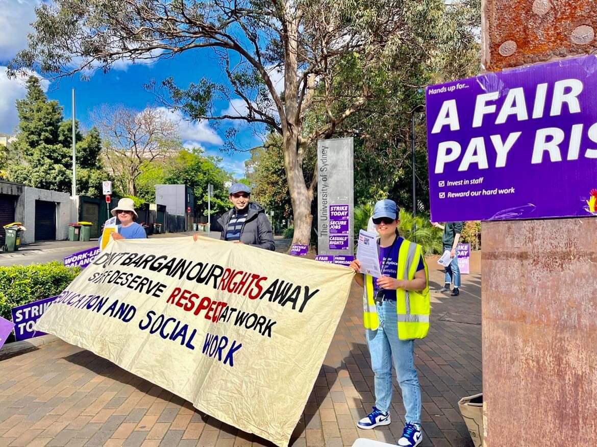 USyd on strike today! <a href="/RAFAUsyd/">Rank and File Action</a> <a href="/USYDEBA2021/">USYD EBA 2021</a>