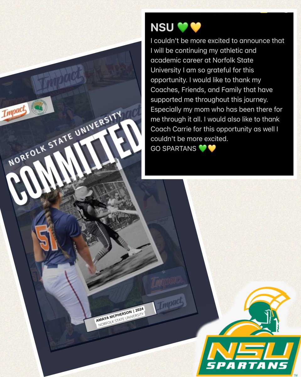 amayamac51's tweet photo. Very excited to announce my commitment to play Division 1 softball at Norfolk State University. Thank you @nsusoftball for the opportunity to be a part of your program and to be a Spartan! 💚💛 @ImpactGold18u @G_FHSAthletics @GFHSSoftball @NSUSpartans @HbcuPass https://t.co/vRTzloll9h