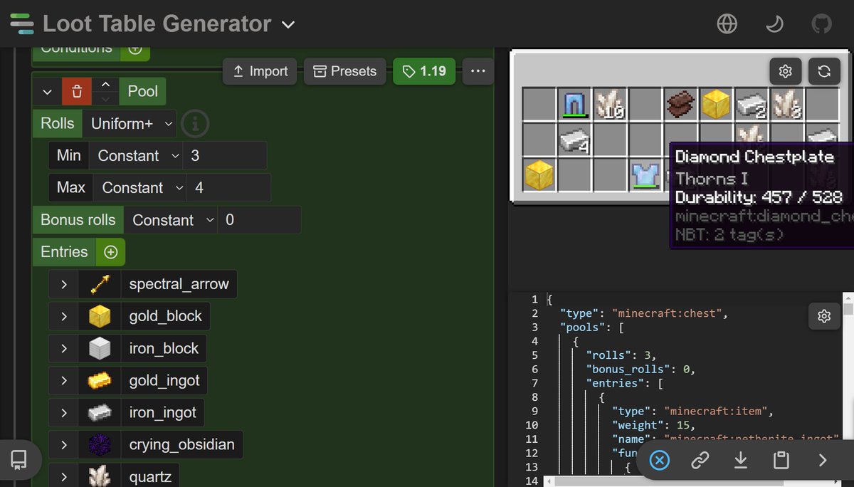 I've added a loot table preview tool to misode.github.io/loot-table/!

This allows you to simulate both vanilla and custom loot tables, as if the game would generate them in a chest. Displays item tooltips with styled text components!