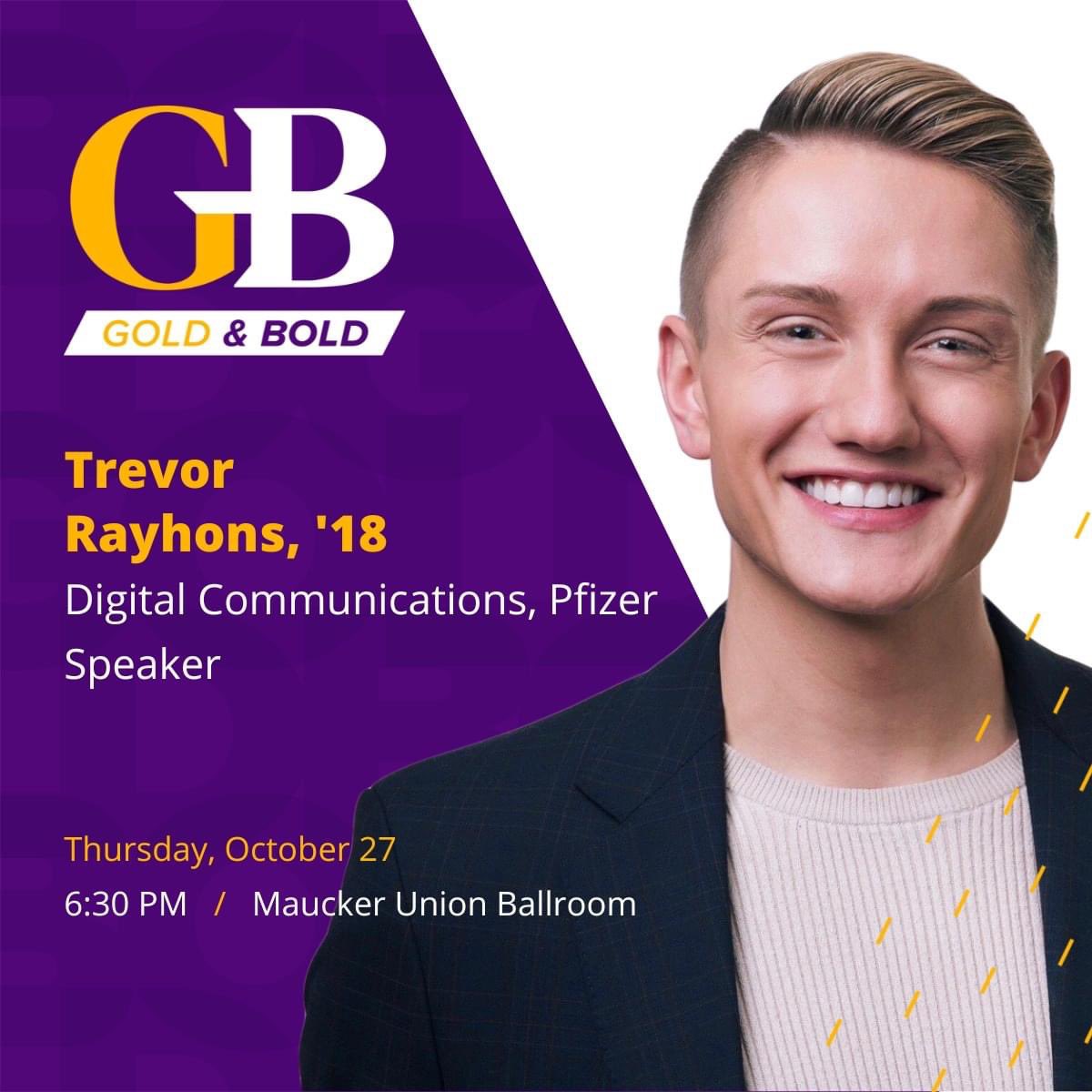 Meet Trevor Rayhons '18, Digital Communications Manager at Pfizer and our final GOLD &amp; Bold honoree. 

Register now to hear Trevor's advice for UNI students. 

adv.uni.edu/alumassoc/even…
