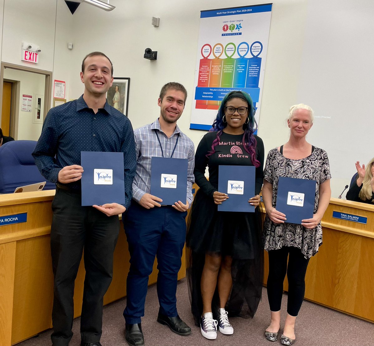 Congratulations to this evening’s Inspire Awards recipients Matthew Aslett, Community Member, Vittorio Iafrate, Teacher at <a href="/TABTigerLife/">TABTigerLife</a>, Tiffany Cole, DECE at <a href="/MartinSt184/">Martin Street PS</a> and Kirsten Dahl, Teacher at <a href="/JWBoichPS/">J.W. Boich P. S.</a>.