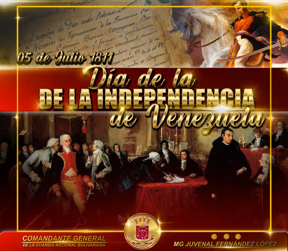 #211AñosDeIndependencia han transcurrido y el espíritu invencible de nuestros Libertadores y Libertadoras se mantiene intacto en el corazón del Pueblo de Venezuela. 
Hoy #5Jul seguimos invictos, contra todo aquel que pretenda torcer el camino histórico de Soberanía y Libertad.