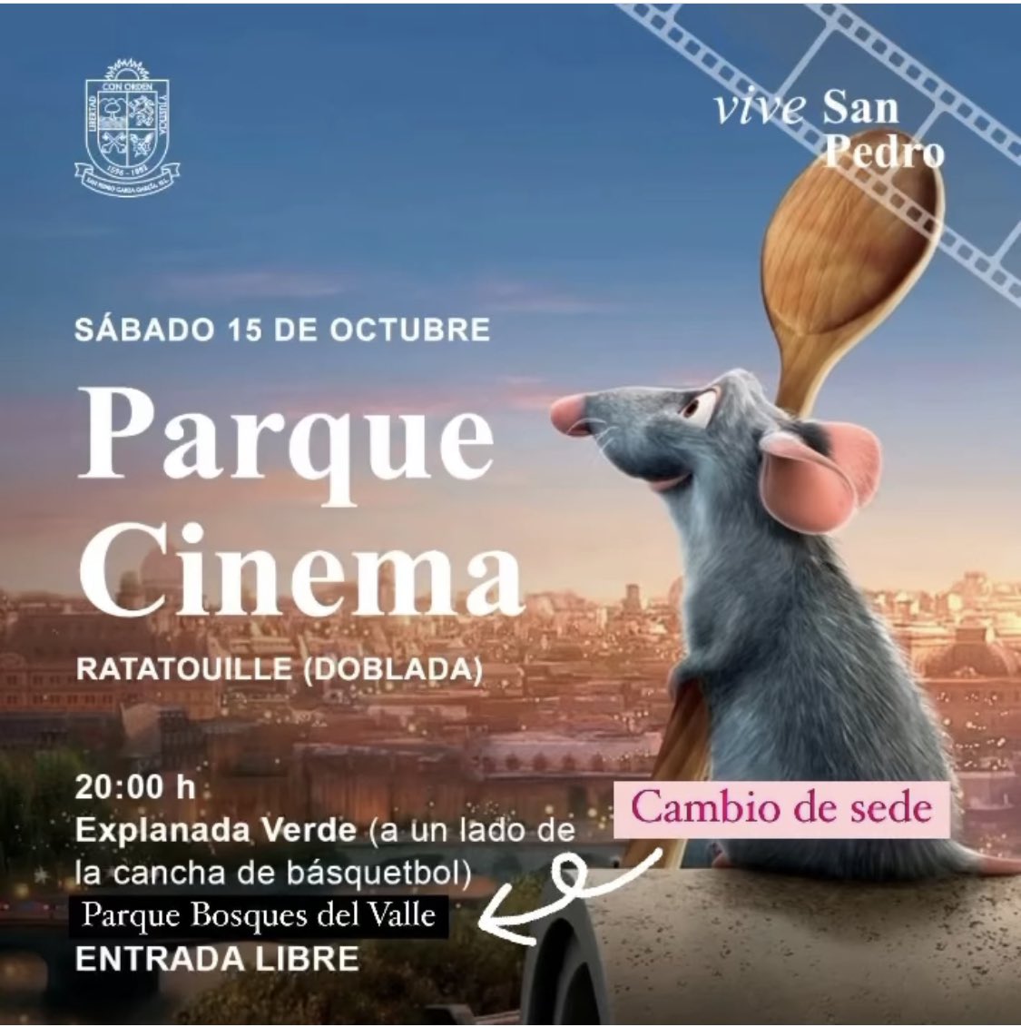 SanPedroNL's tweet photo. ¡Vive la experiencia del cine al aire libre! ✨🌚🌝
Fin de semana de @parquecinema 🎥🍿 en #sanpedro:
⌚️ 8:00 P.M.
👉 Viernes - Parque Rufino Tamayo - "Flipped"
👉 Sábado - Parque Bosques del Valle - "Ratatouille"
👉 Domingo - Parque Clouthier - "Lilo & Stitch"
#ParqueCinema https://t.co/zfxN2nHz18