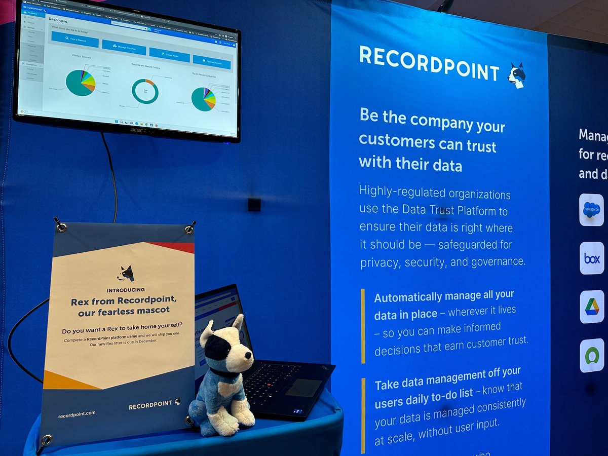 RecordPoint's tweet image. Hello Austin!

The RecordPoint team (including Rex) are all set for #iapp #psr22 

Come by booth 514 to say hi!

We can take you through how the Data Trust Platform can help solve your data privacy challenges. As a bonus, you can also get on the list to get your own Rex plushie.