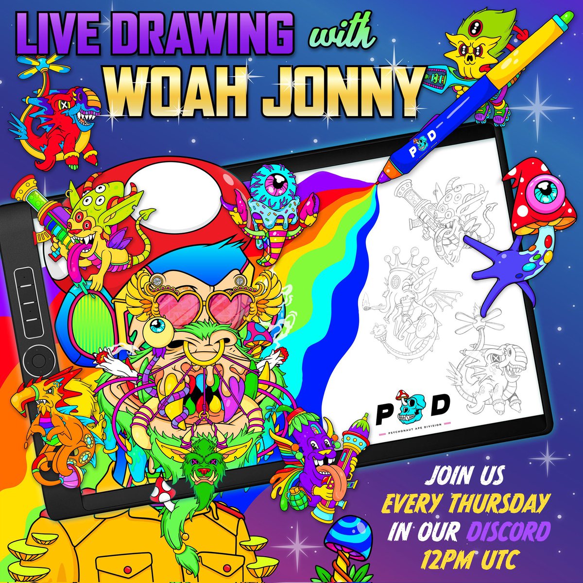 Who will make the live drawing with @WoahJonny inside the #PAD discord?! It’s always epic with leaks and sneak peeks! 

@PsychonautApeD #PADFam @GengethKhan @AP_Spicy_ @SilverBallerWiz 

#NFTCommunity #NFT #NFTs #ETH #Crypto #CRO #CROFam #Bitcoin #BTC 
#LiveDrawing #NFTArtist 🍄