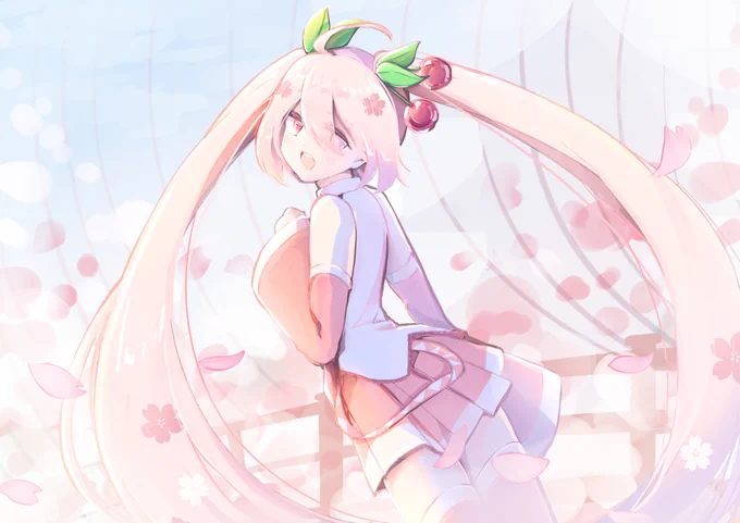 月田れいさんの桜ミクさん!ピンク色の淡い色合いが良いですね!振り向くポーズも可愛いです!(*'艸`*)【】 #piapro #初音ミク 