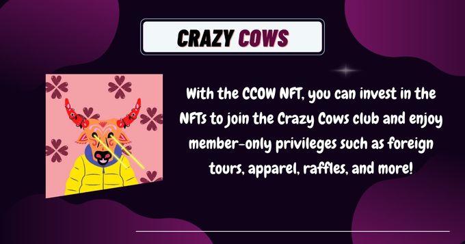 With the CCOW NFT, you can invest in the NFTs to join the Crazy Cows club and enjoy member-only privileges such as foreign tours, apparel, raffles, and more!
Join our discord!
discord.gg/dCeVNDsA
#NFTCommunity  #NFT