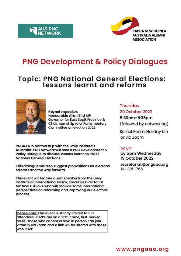PngAusAlumni's tweet photo. Join us &amp; the Lowy Institute’s Aust-PNG Network to discuss lessons learnt on PNG’s National General Elections.

This event will feature Governor Allan Bird &amp; guest speaker from The Lowy Institute, Executive Director Dr Michael Fullilove.

Email: secretariat@pngaaa.org to RSVP. https://t.co/Lb6jMBbAGX