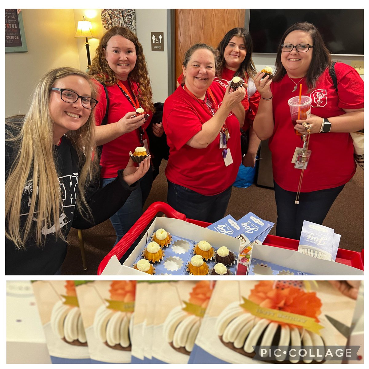 FSIAprincipal's tweet photo. How do you welcome @GCSS_FS staff back from Fall Break BC they are so BUNDT-erful? Get deliciousness from @nothingbundt new store in Gainesville! The mgr Taylor is amazing! #schoolpartnerships #bundtinis look @sheltonraee new 💍! Love your staff &amp; they will love you back! ❤️🧁 https://t.co/9oEeedBEpe