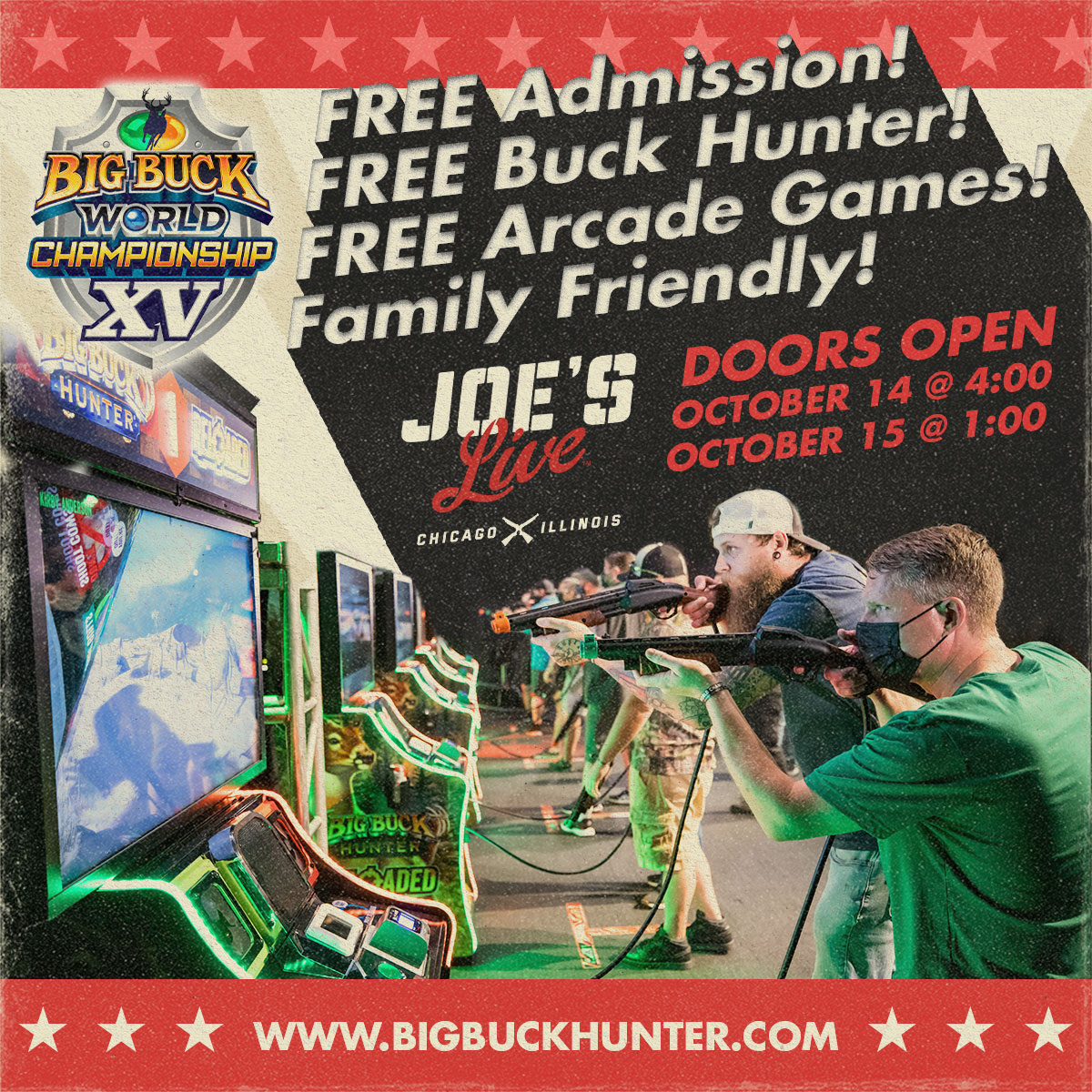 bigbuckhunter's tweet photo. FREE ENTRY, FREE ARCADE GAMES, FAMILY FRIENDLY EVENT! Stop by Joe's Live THIS WEEKEND to enjoy fun for the whole family and to watch the best Buck Hunters in the world compete on stage for their share of a $100,000 prize pool! #bigbuckwc #chicagoevents #joeslive #funforallages https://t.co/flakF5qIAo