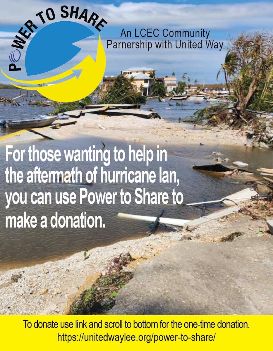 Want to help? Power to Share is a partnership between LCEC and @UnitedWayLHG where you help those in need. You do not need to be a customer or live in the state of Florida to make a one-time donation. Click to contribute: unitedwaylee.org/power-to-share/