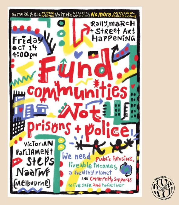 JunoInc_'s tweet photo. Fund Communities Not Prisons + Police! Rally and street art at Parliament Steps in Naarm (Melbourne CDB) 4pm tomorrow organised by @HNPcoalition calling for more public housing, liveable incomes & community supports. See you there! #HomesNotPrisons #BuildPublicHousing https://t.co/qM8JTOmXYY
