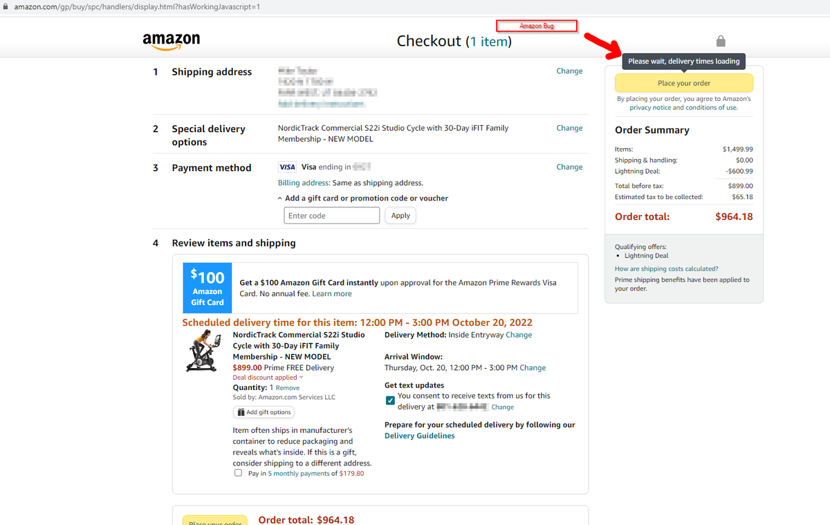 MikeTheGuru's tweet photo. @NordicTrack There's a lightning deal for NordicTrack Commercial Studio Cycle but nobody can order it because @amazon has a bug in checkout https://t.co/bwECXi7raa