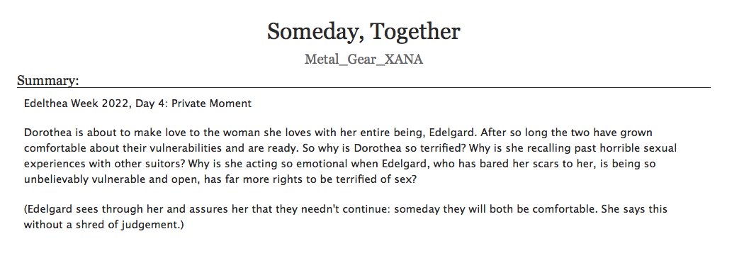 edeltheaweek's tweet photo. Someday, Together
https://t.co/r5ncfa3WED
Edelthea Week 2022, Day 4: Private Moment
Dorothea's had dubious sexual encounters. She wants to have sex with Edie but can't. Edelgard understands and tells her only when they are both ready.
#EdeltheaWeek2022 #EdeltheaWeekNSFW2022 https://t.co/8pW80xQvom