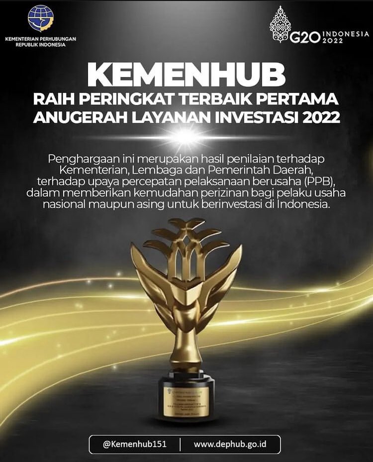 #kawanlaut ,Kementerian Perhubungan berhasil meraih peringkat terbaik pertama dalam Anugerah Layanan Investasi (ALI) 2022 yang diselenggarakan oleh Kementerian Investasi/BKPM lho #KawulaModa! 

#PenghubungIndonesia
#MenghubungkanIndonesia 
Reposted from <a href="/kemenhub151/">Kemenhub RI</a>