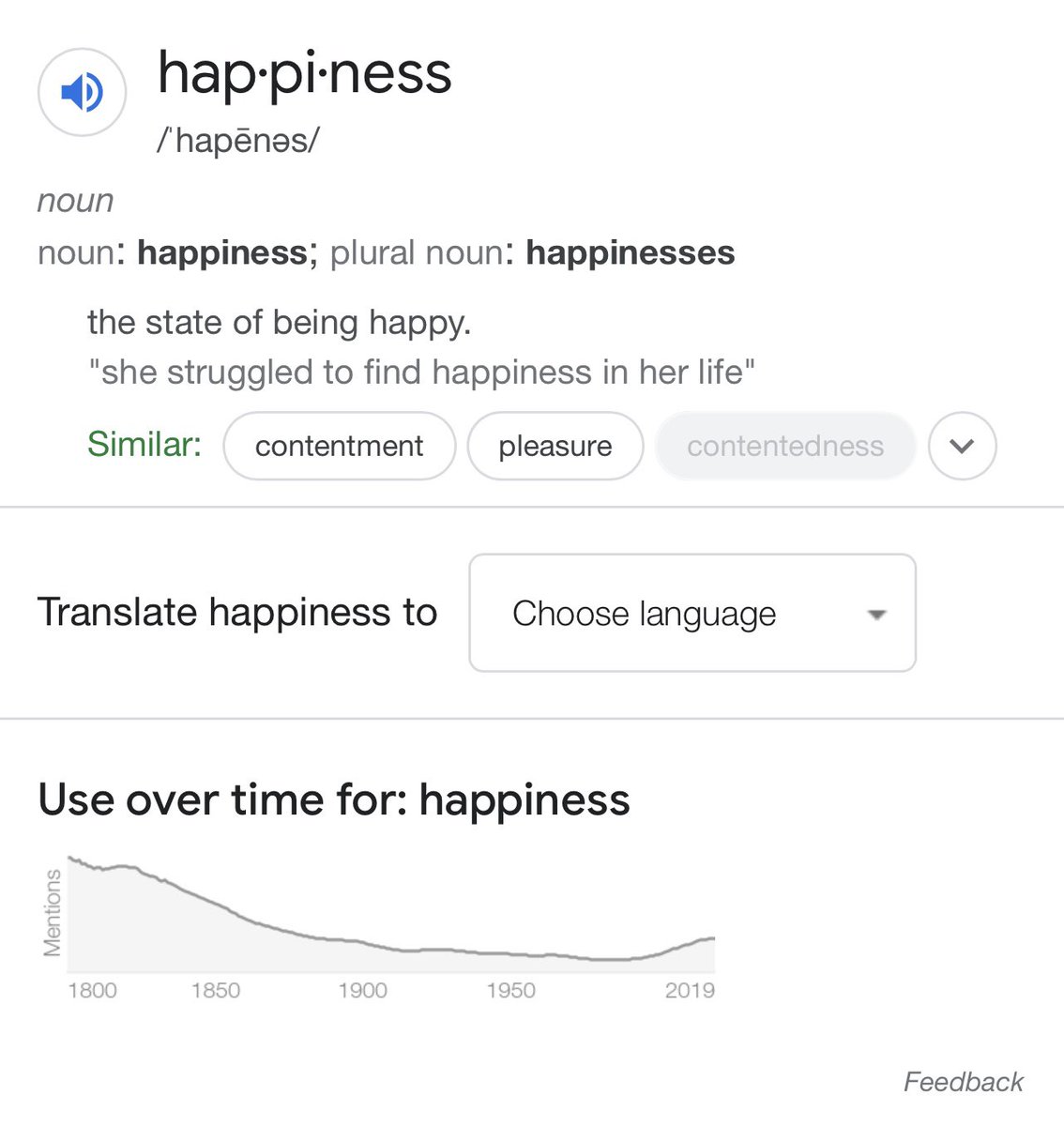 ดู star wars แล้วเจอคำว่า rejoice (แสดงความยินดี/รู้สึกดีใจกับ) ก็นึกได้ว่าเออ ไม่เจอคำนี้มานานแล้ว เคยเจอแต่ใน text เก่าๆ

ใน google สามารถดูได้ตรง use over time (ข้างล่าง) มันจะบอกเราด้วยว่าคำไหนใช้เยอะสุดในช่วงไหนๆ ทำให้พอรู้ที่มาที่ไปและความสนใจของคนในช่วงเวลานั้นได้คร่าวๆ 🙏🏻