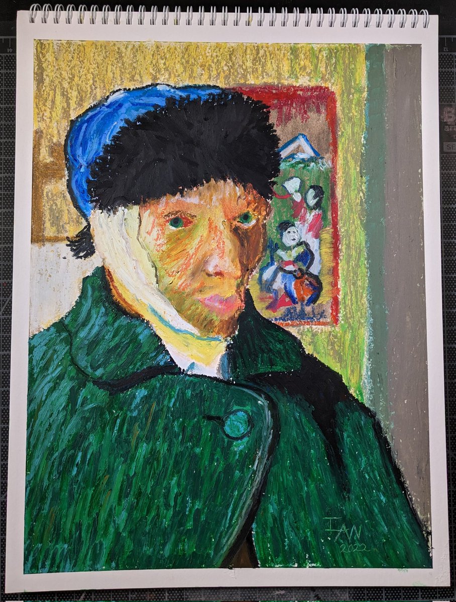 I saw Vincent van Gogh's Self-Portrait with Bandaged Ear in London and thought it'd be fun to recreate with oil pastels. I've never used oil pastels before but they're like painting with lipstick... not particularly pleasant, but I still had fun.
