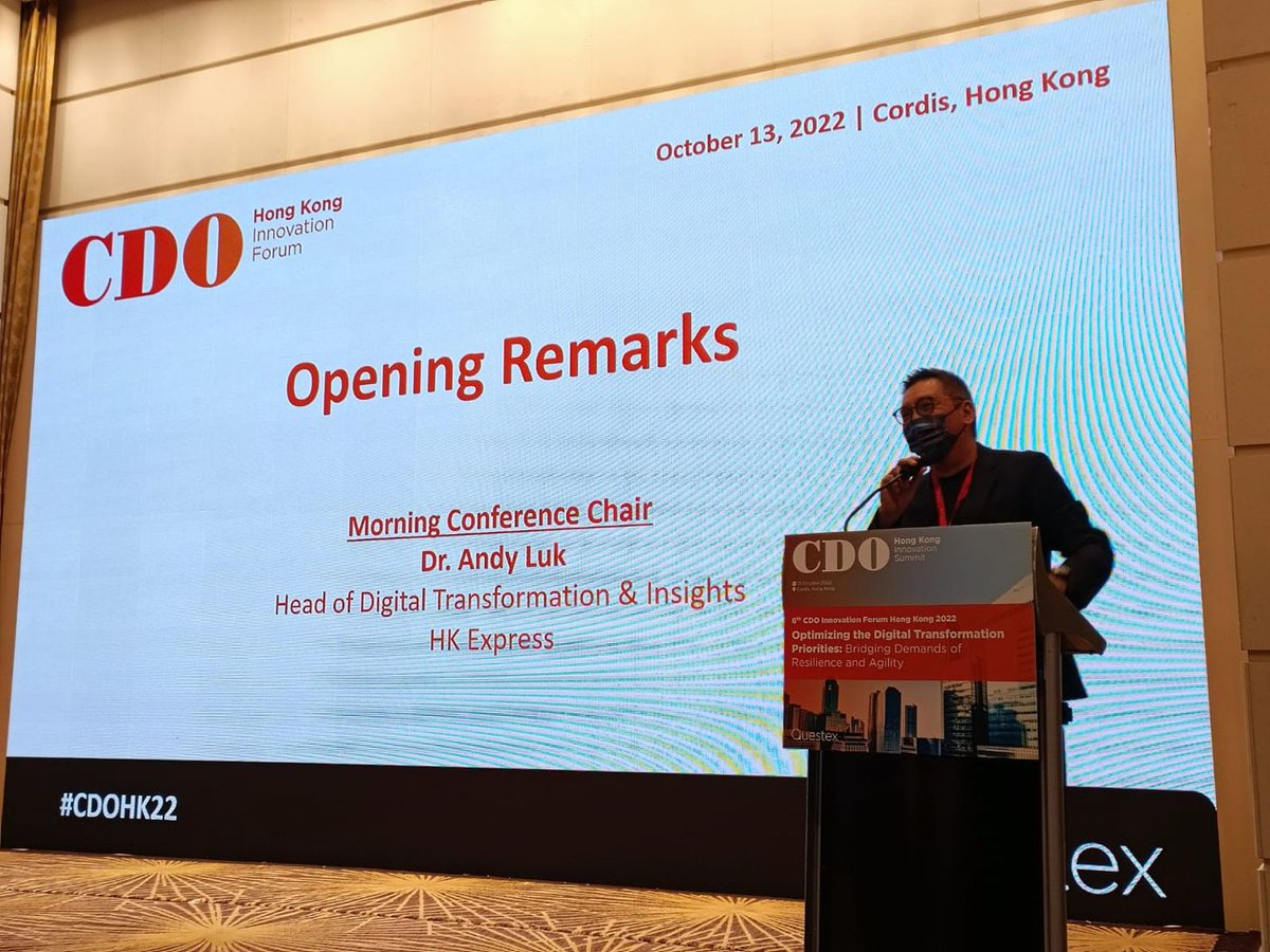 QuestexA's tweet photo. Greetings and good morning! We’re here at Cordis Hong Kong for #CDOHK22 today!!

First up, our Chairman Dr. Andy LUK sharing his opening remarks with our audience today.

Then we have Matthew Chan discussing ‘Gamechanging Your Organization’s Digital Transformation Journey’ https://t.co/0tMOtZcfw2