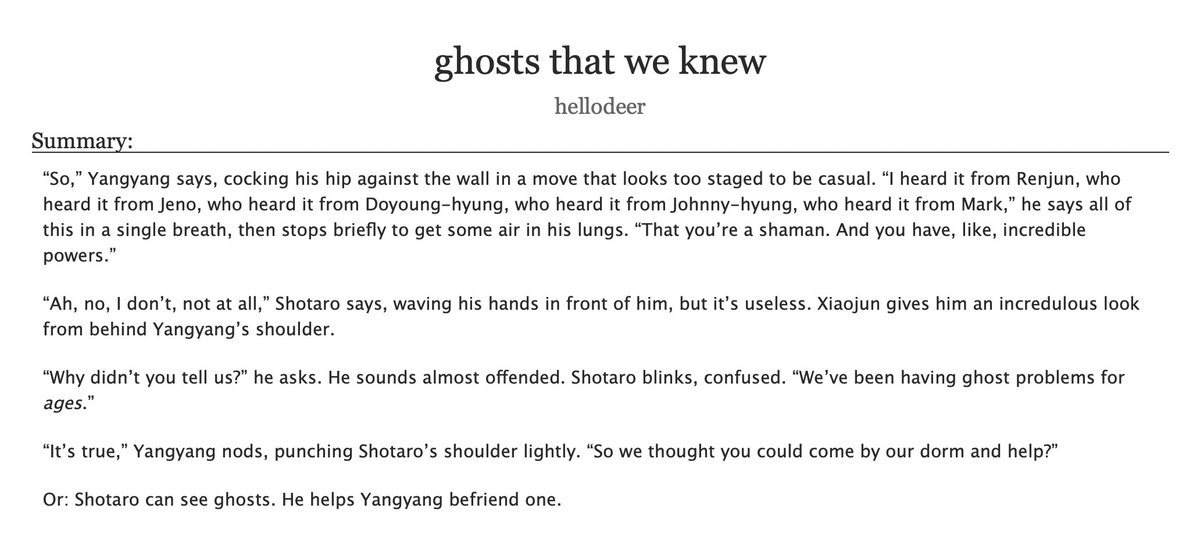 ghosts that we knew 👻 shotaro/yangyang, 10.6k there's a ghost in the wayv dorm, yangtaro become besties with her, xiaojun suffers written for @nct00fest archiveofourown.org/works/42005835