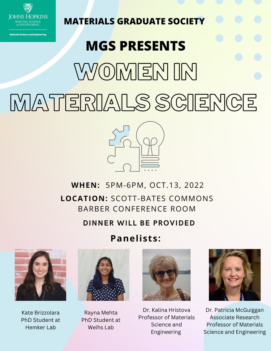 Materials Graduate Society is presenting this wonderful opportunity for many of us to learn about our four excellent MSE female scientists and engineers’ journeys of pursuing science and to inspire and empower more women in STEM! See you all tomorrow! ⁦@JHUMaterials⁩