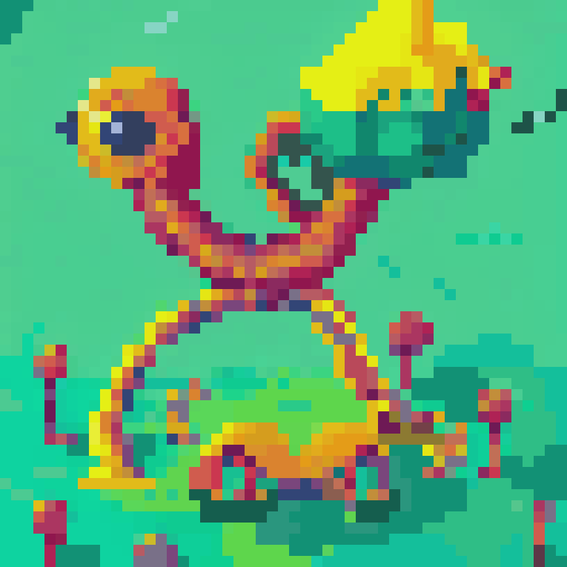 pixlosopher's tweet photo. *A worm-like treehouse with some mushrooms &amp; organic houses below. 🪱🌳🛖

Creating worlds is my favorite thing #pixelart #artworld #nftart https://t.co/CI1HUr5k4Z