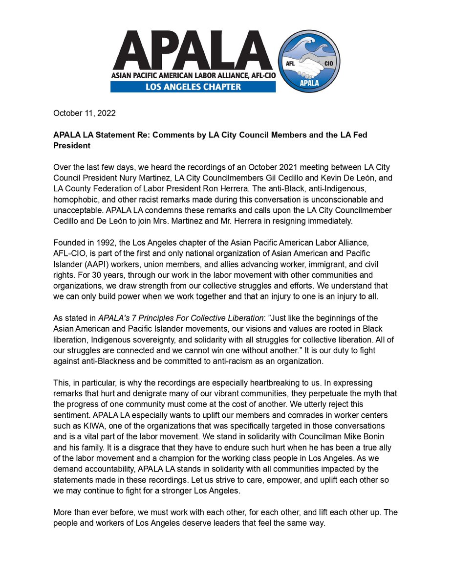 APALA LA condemns these actions and calls upon the LA City Councilmember Cedillo and de León to join Mrs. Martinez and Mr. Herrera in resigning immediately.