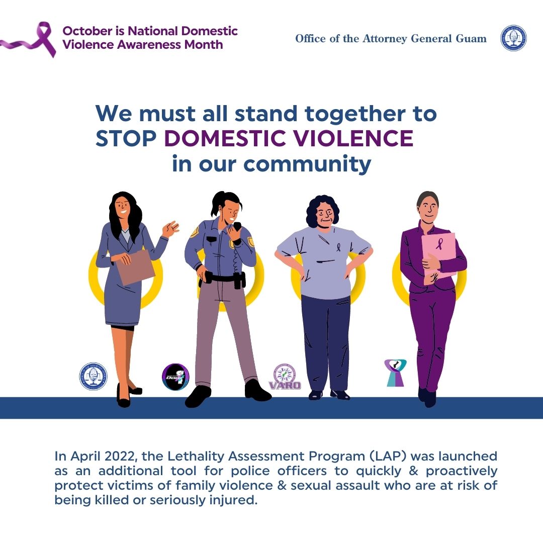 OAGGuam's tweet photo. One way we've supported victims of family violence is through the recent launch of the Lethality Assessment Program which gives police officers one more tool to recognize &amp; immediately remove victims &amp; their children from an escalating situation. #DVAM2022 https://t.co/IUtEVX7NHH