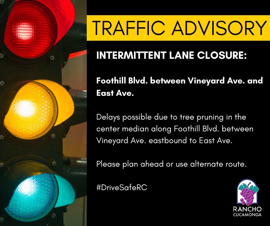 CityOfRC's tweet photo. Traffic Advisory – Tree pruning is scheduled through October 19th for the center median along Foothill Blvd. between Vineyard Ave. eastbound to East Ave.
For the safety purposes, intermittent lane closures will occur. Please plan ahead or use an alternate route.
#DriveSafeRC https://t.co/js59FqE8oK