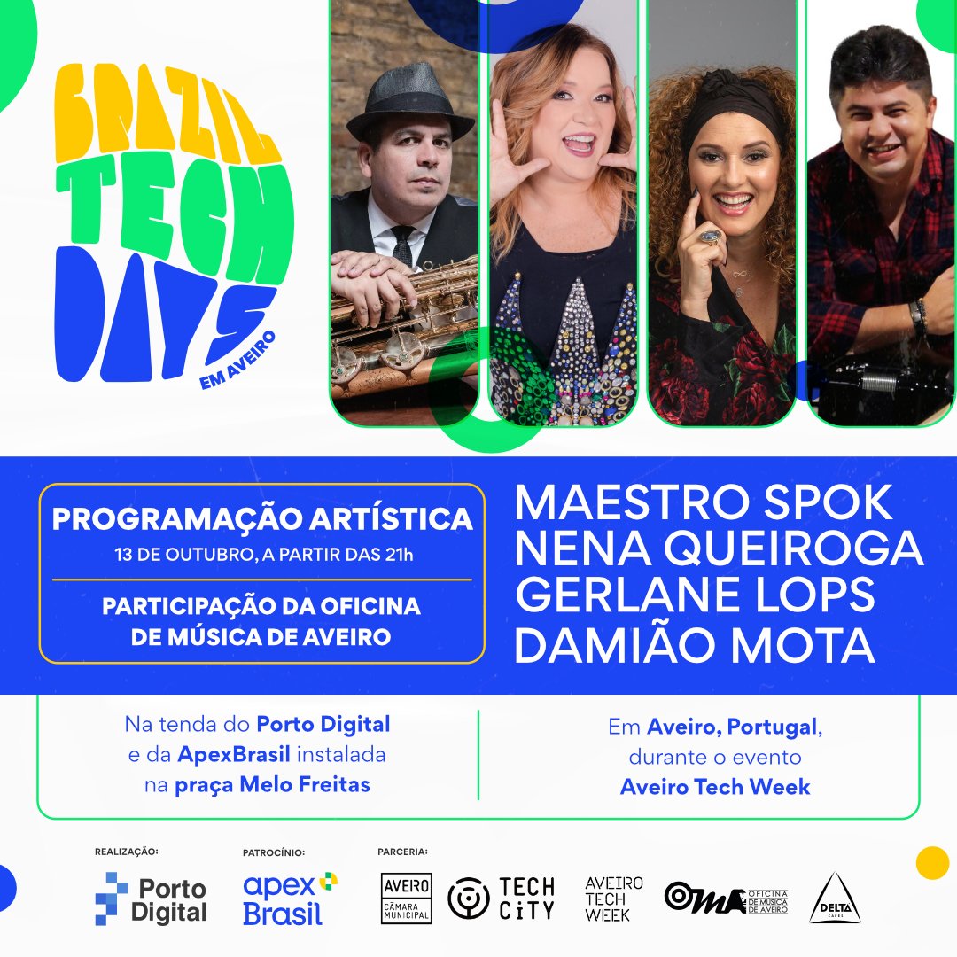porto_digital's tweet photo. Nesta quinta, 13 de outubro, a partir das 21h, Spok, Nena Queiroga, Gerlane Lops e Damião Mota subirão ao palco com músicos da OMA - Oficina de Música de Aveiro para uma apresentação especial que vai mesclar ritmos brasileiros e portugueses durante o #BrazilTechDays. + https://t.co/14R0Pc1NFk