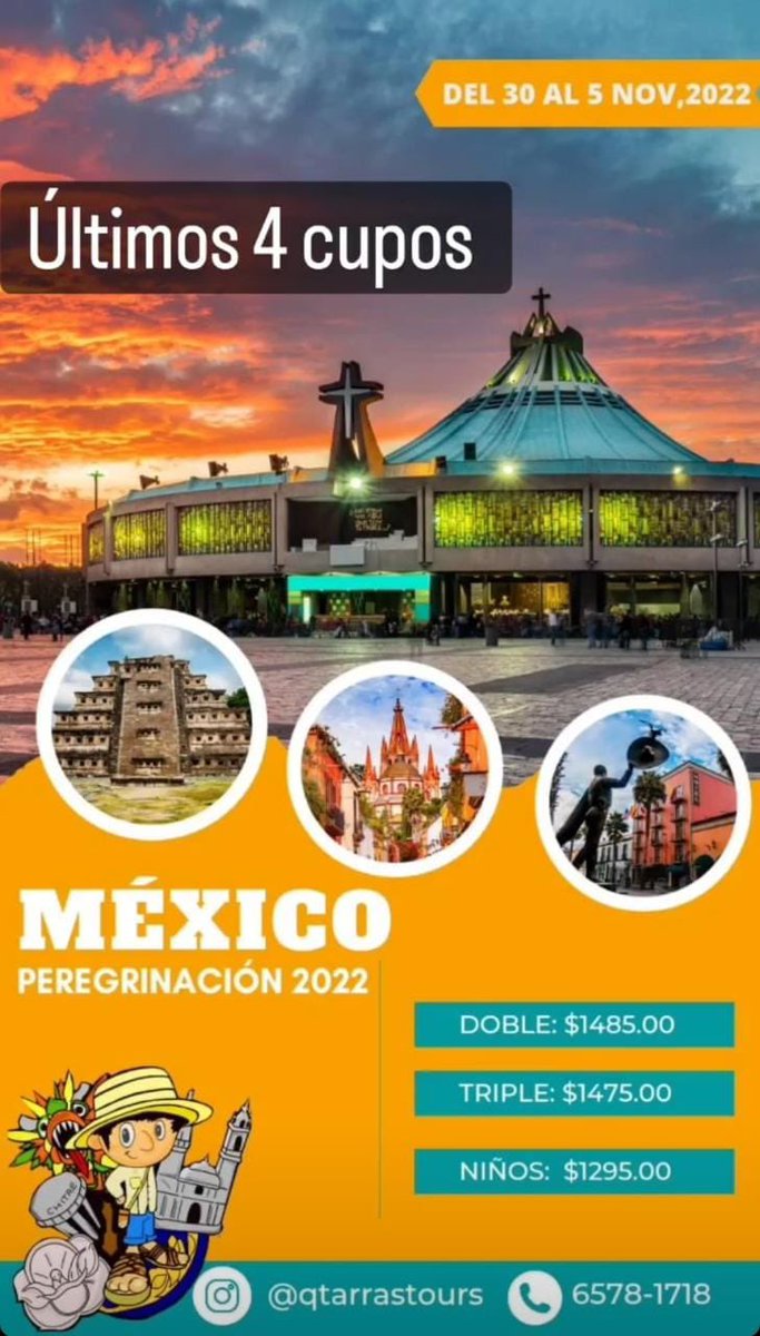 Nos quedan 4 cupos para México 🇲🇽 del 30 de noviembre al 5 de Diciembre. No te lo puedes perder. Contáctanos 65781718
#virgendeguadalupe #mexico #sanmigueldeallende #sanmiguelarcangel <a href="/sfcaleta/">Parroquia San Francisco de la Caleta</a> <a href="/p_monagrillo/">Parroquia de Monagrillo</a> <a href="/virgendeguadal6/">virgen de guadalupe </a>