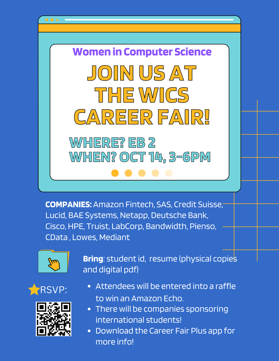 WiCS_NCSU's tweet photo. We are excited to announce that WiCS will be hosting our annual Career Fair. Come join us in-person in EB 2 (check in at the EB 2 atrium) to interact with WiCS sponsors looking to recruit students for internships &amp; full-time new grad positions!
RVSP here: https://t.co/6CCe2U0alu https://t.co/yLwnuTA0sn