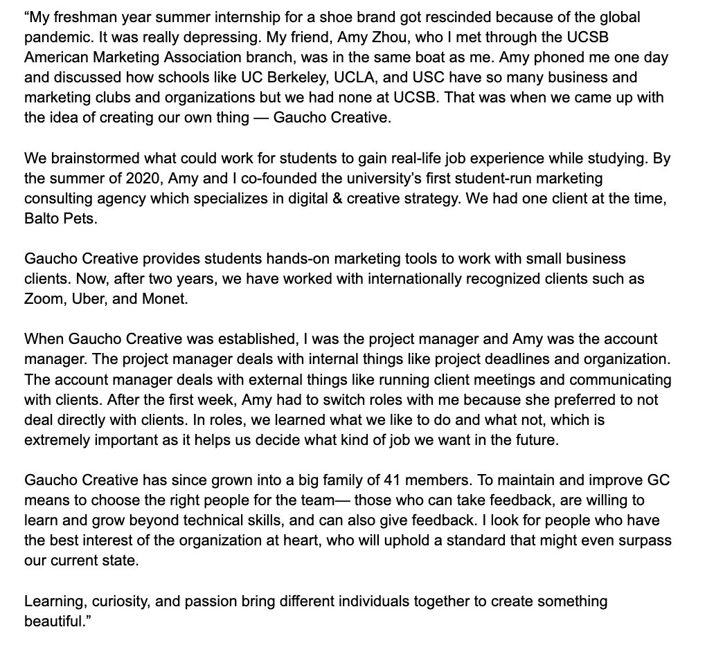 HumansofUCSB's tweet image. 𝐃𝐞𝐯𝐚𝐧𝐬𝐡𝐢 𝐌𝐞𝐡𝐭𝐚 𝐚𝐬 𝐭𝐨𝐥𝐝 𝐭𝐨 𝐉𝐞𝐬𝐬𝐲 𝐂𝐡𝐞𝐧
𝐄𝐜𝐨𝐧𝐨𝐦𝐢𝐜𝐬 &amp;amp; 𝐀𝐫𝐭 𝐇𝐢𝐬𝐭𝐨𝐫𝐲 𝐦𝐚𝐣𝐨𝐫

"My freshman year summer internship for a shoe brand got rescinded because of the global pandemic. It was really depressing..."