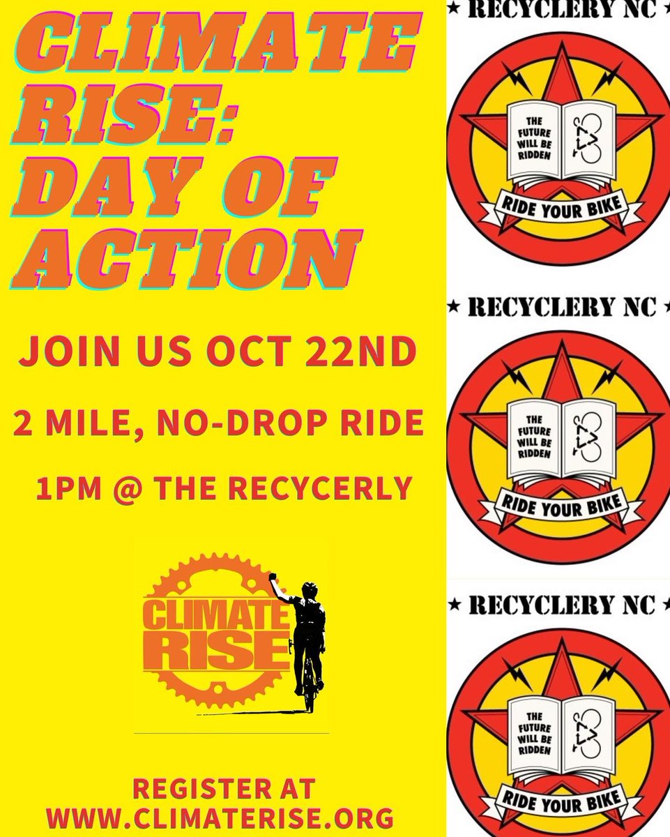 Recyclery_nc's tweet photo. Calling all friends of the shop:
We roll out from the ReCYCLEry @ 1pm, October 22nd to raise funds & awareness of climate ACTION. Our organization is dedicated to the simple bicycle, a beautiful tool for social change and climate justice.
#THEFUTUREWILLBERIDDEN
#CLIMATERISE https://t.co/dy7E1BpfbF