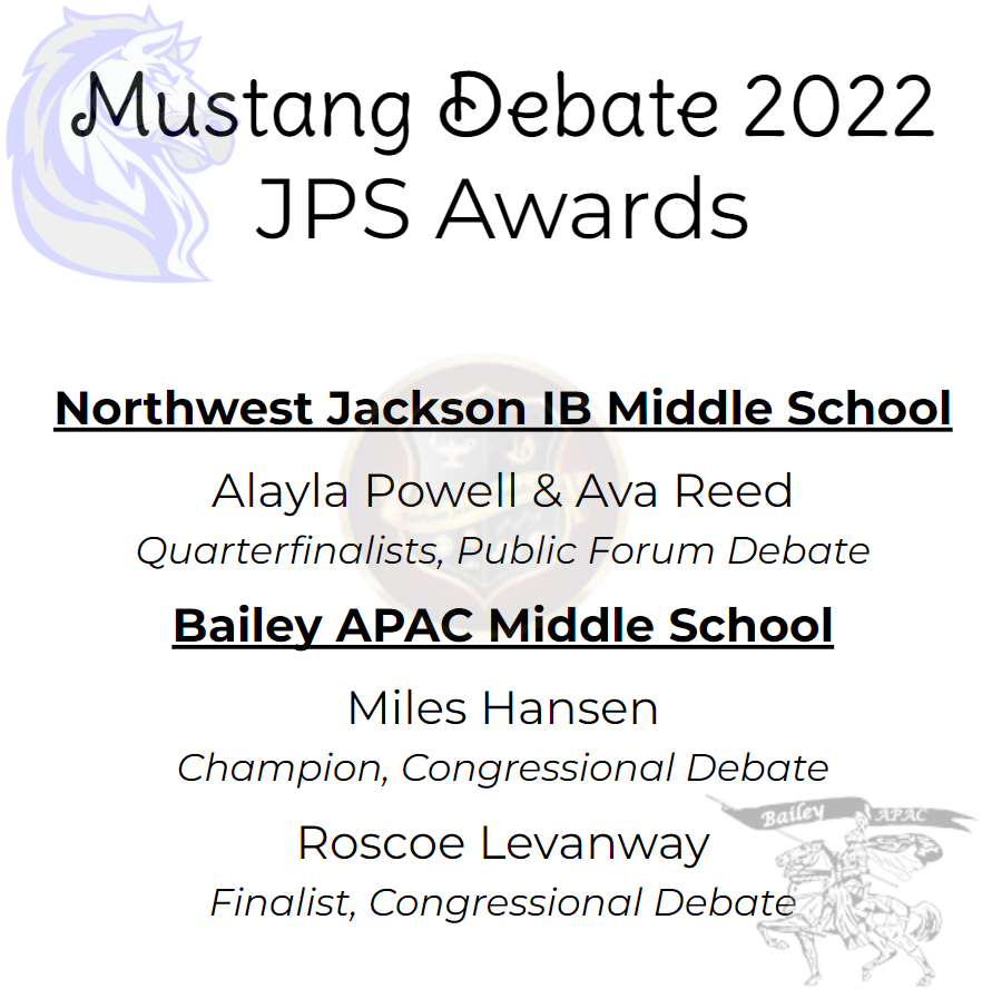 MustangDebate's tweet photo. Congratulations to our @JPSDistrict award winners at the Mustang Debate Invitational last weekend! #JPSStrong https://t.co/Cd4jgB0gPq