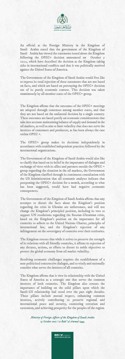 JackPosobiec's tweet image. BREAKING: The Kingdom of Saudi Arabia confirms Biden attempted to coerce them to postpone oil cuts until after the midterms, announce they have rejected his quid pro quo